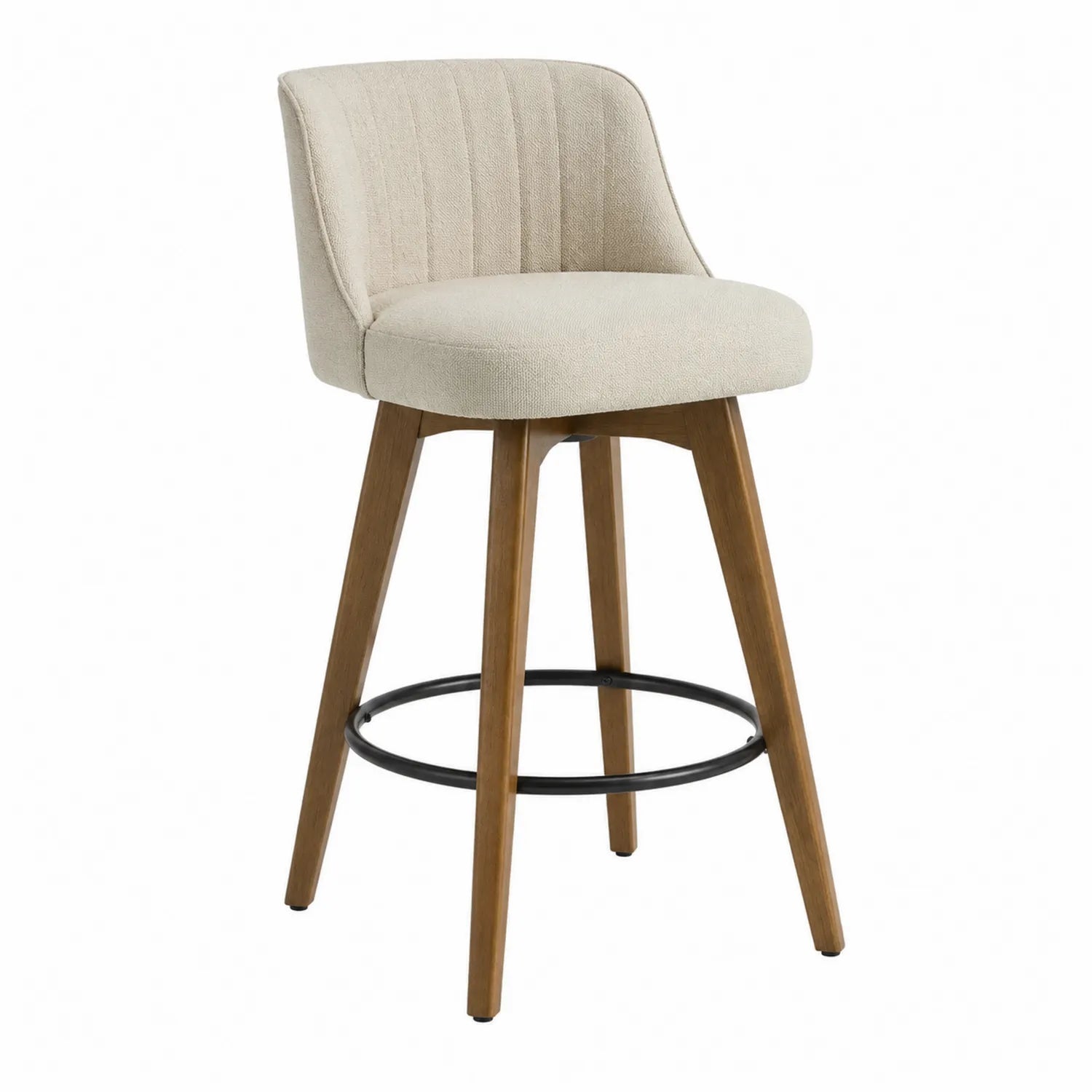 Barhocker mit Polstersitz, Eichenholzbeinen und Metallfußstütze, Beige