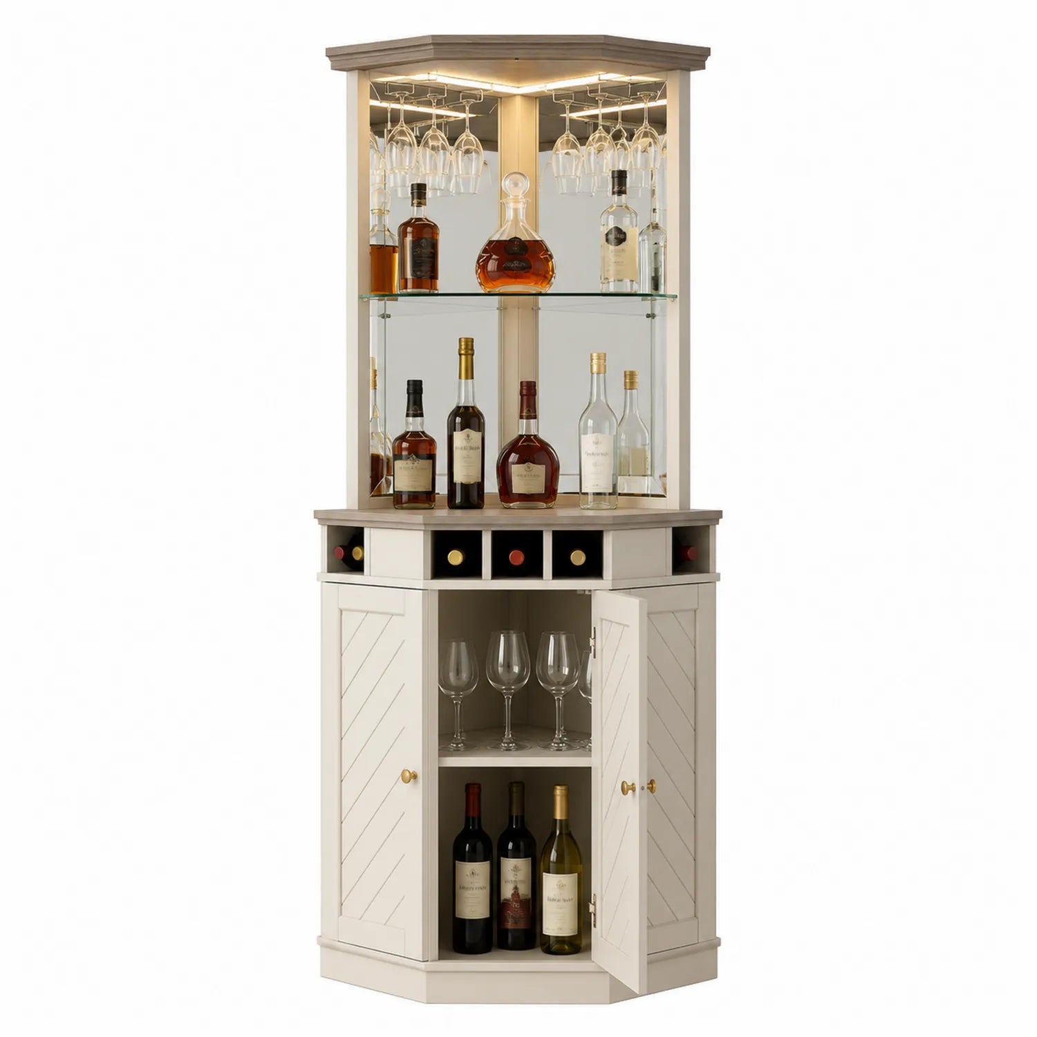 Eck-Weinschrank Holz Weiß mit Glashalter und LED-Beleuchtung