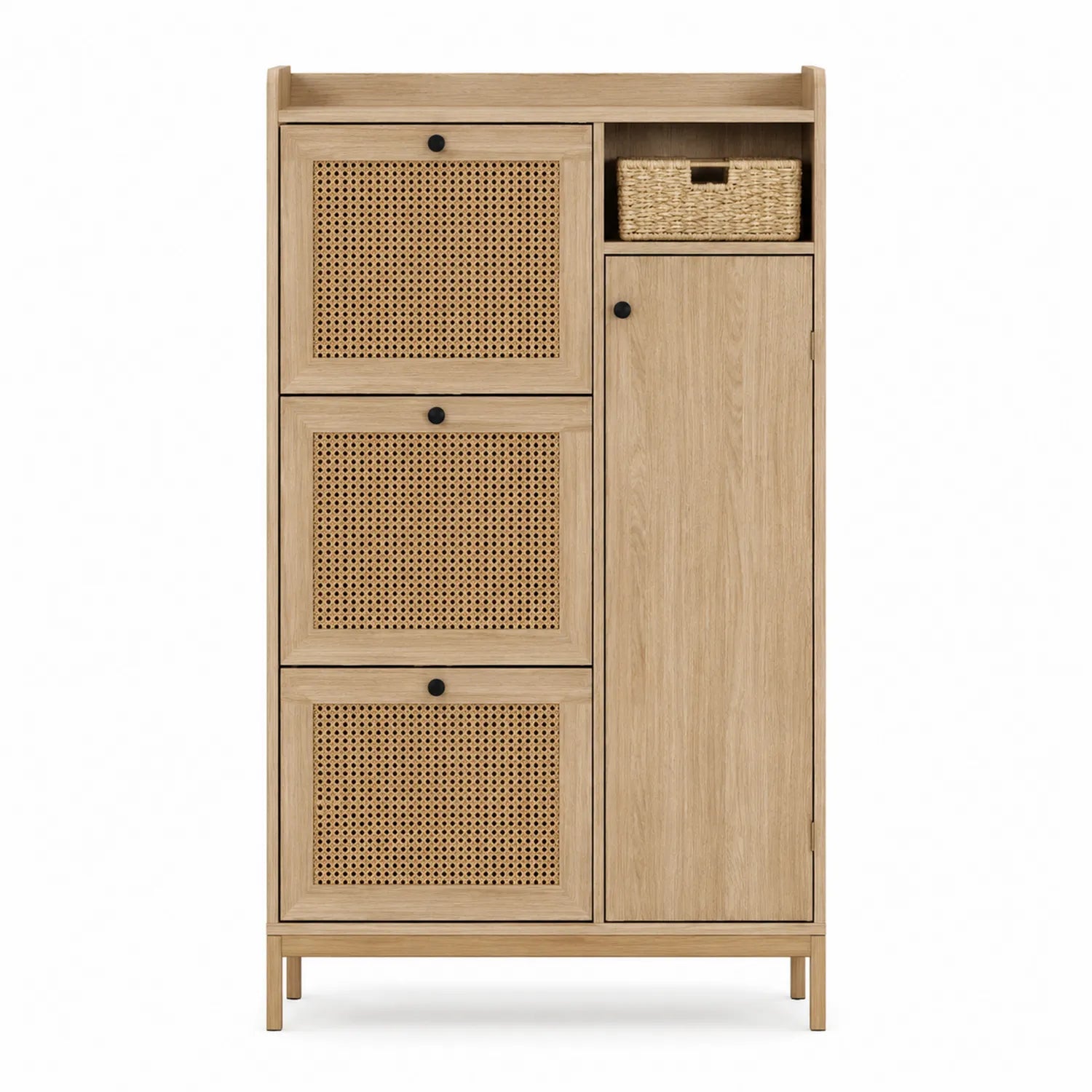 Schuhschrank aus Eiche und Rattan 120x60x30 cm mit Türen und Schubladen