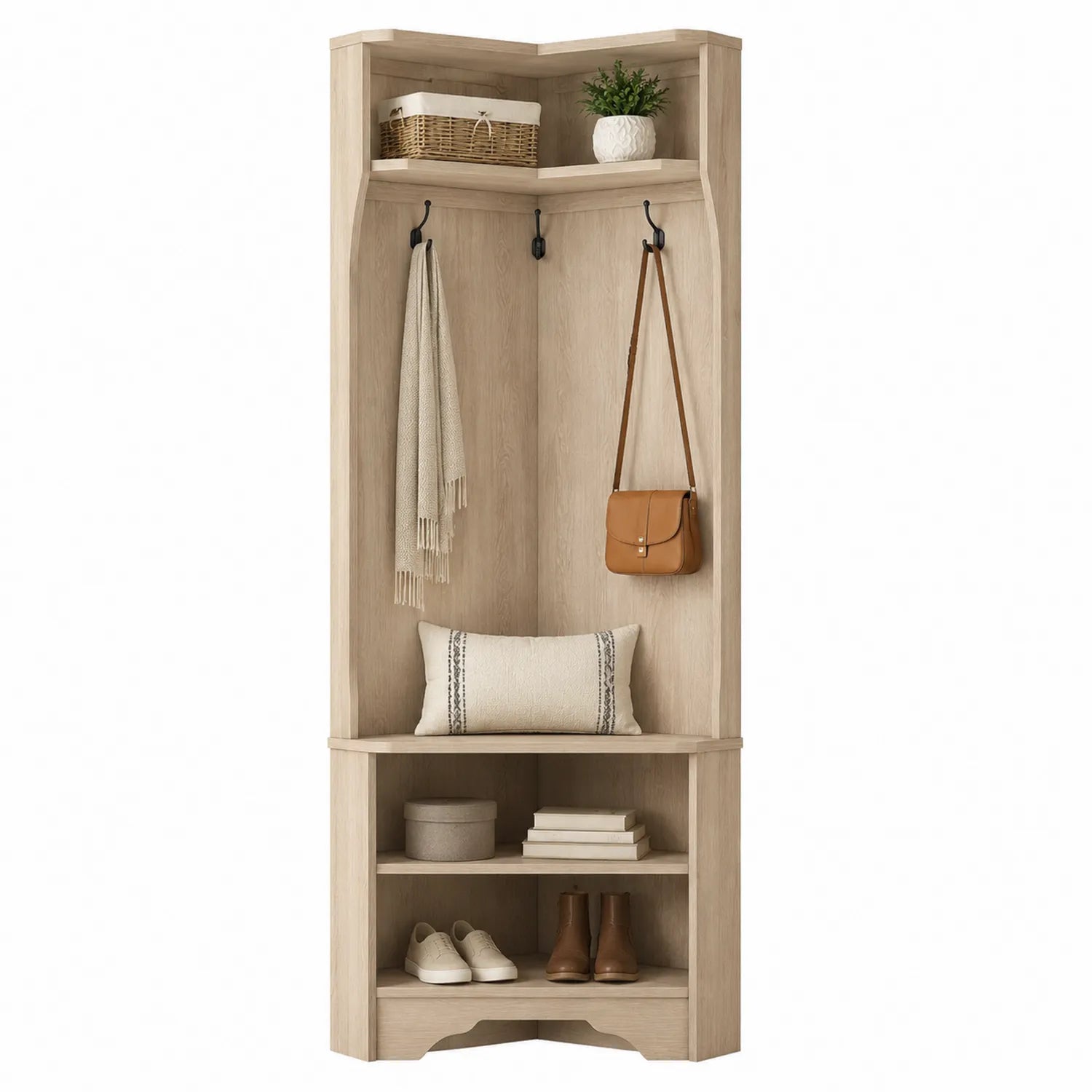 Eck-Kleiderständer aus MDF-Holz Beige mit Regal und Haken