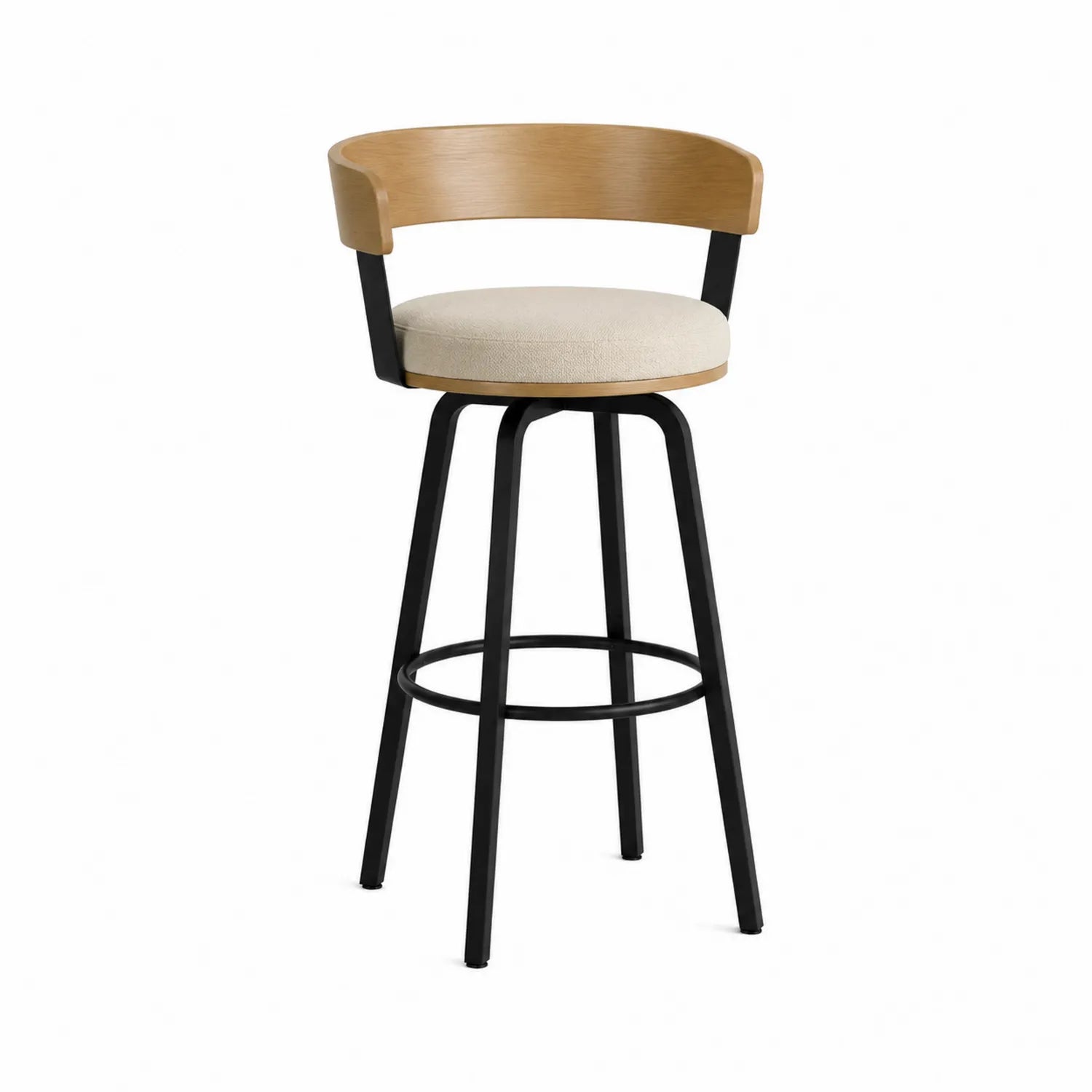 Barhocker mit Holzrückenlehne und Drehfunktion, Metall, Schwarz, Beige