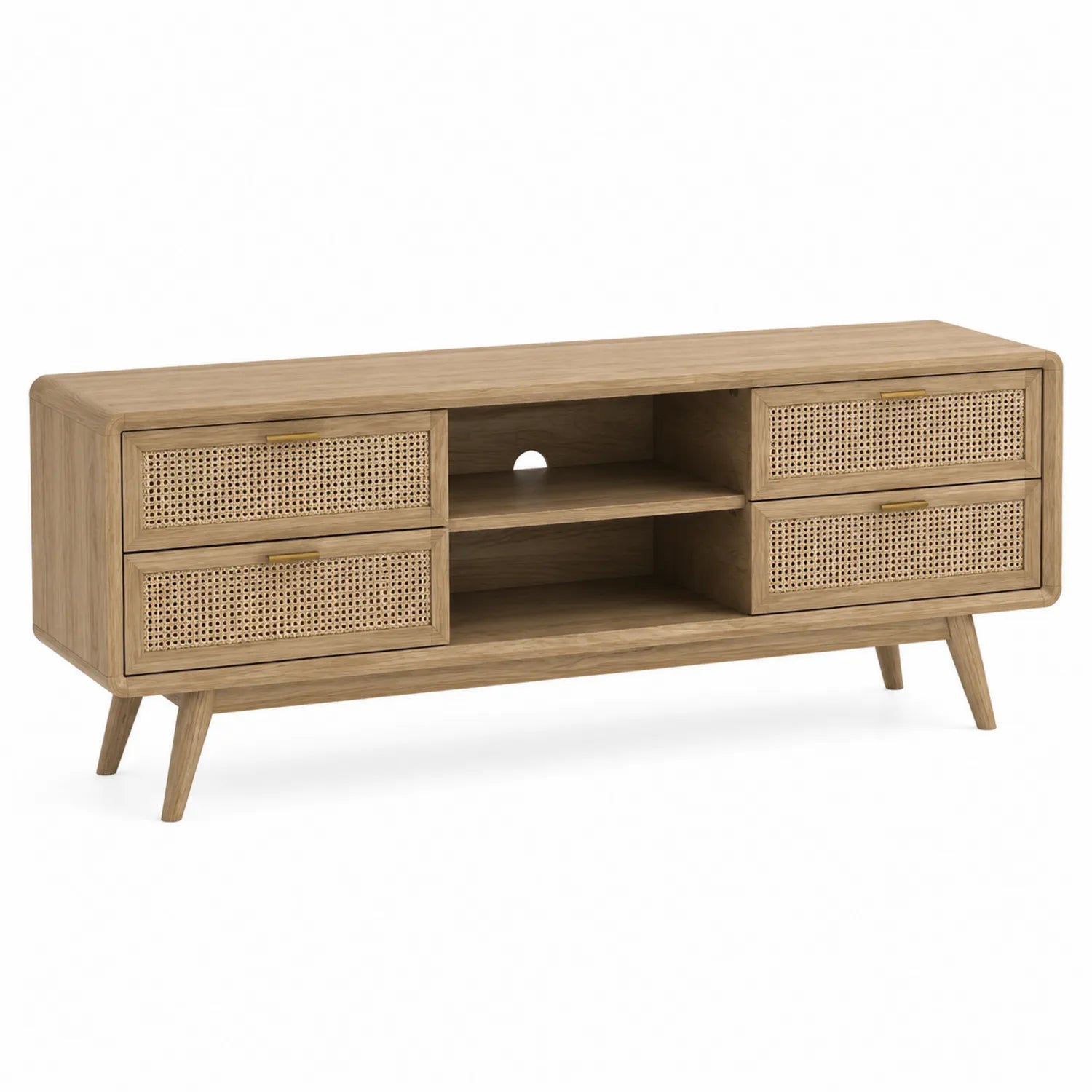 TV-Schrank aus Eichenholz mit Rattan-Schubladen