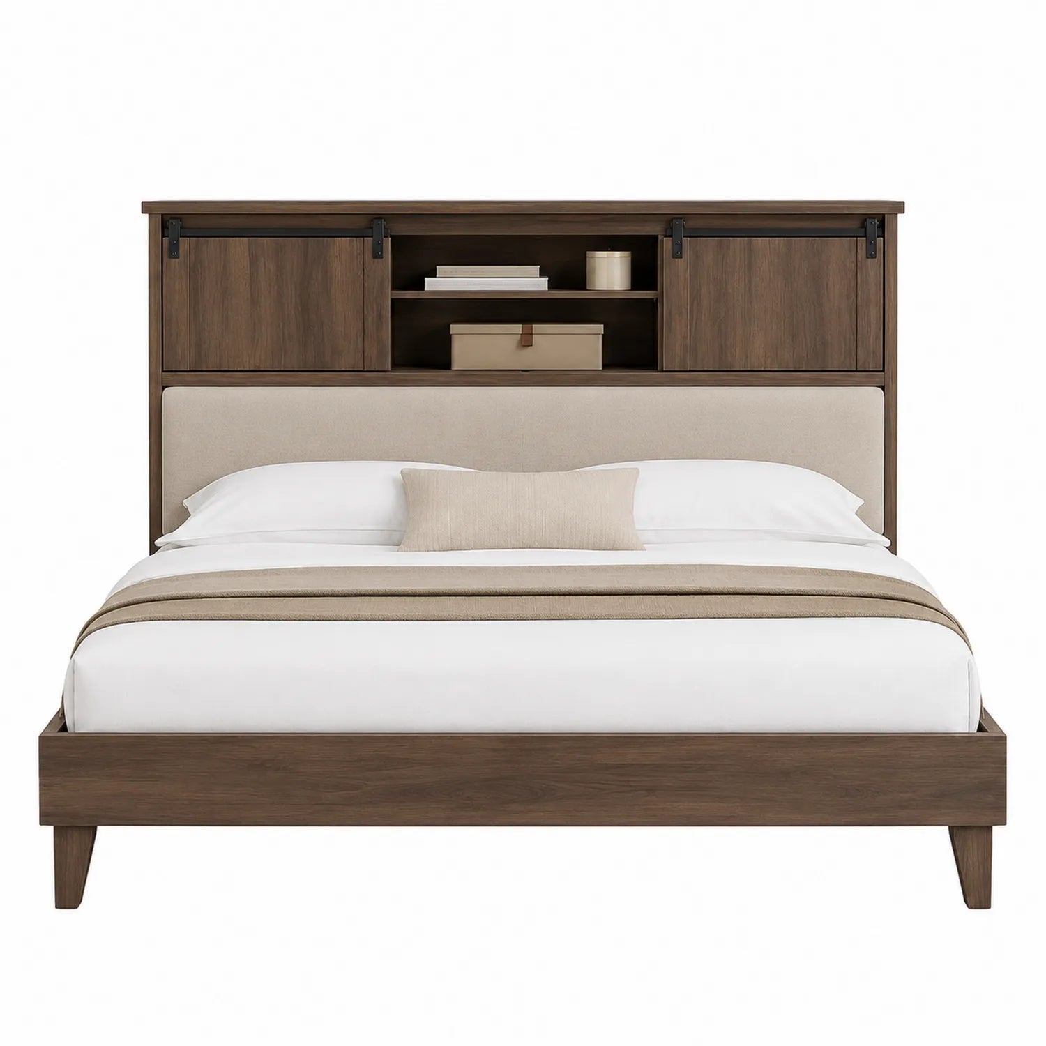 Bett mit Kopfteil aus Massivholz und Polyestergewebe Dunkelbraun 200x160cm