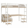 Hochbett aus Metall und Holz mit integriertem Schreibtisch und Stuhl, Weiß/Braun