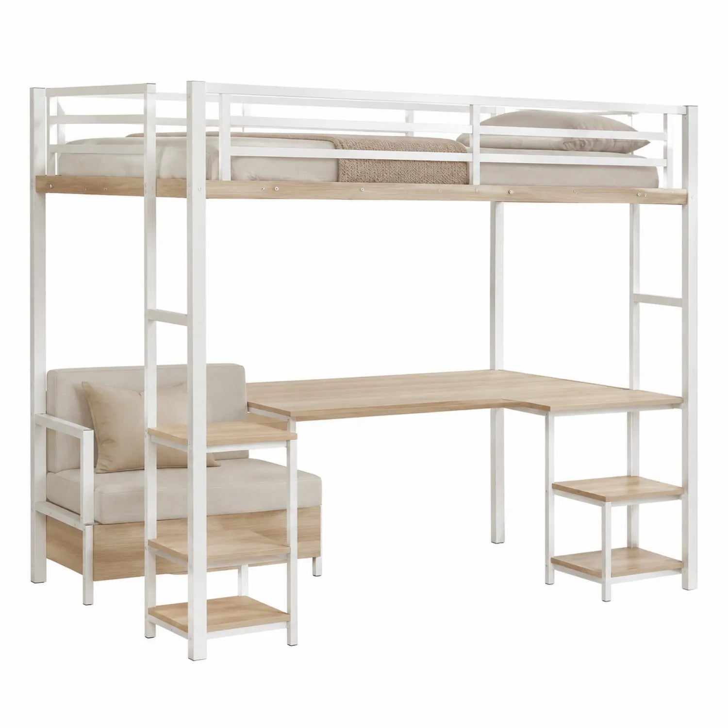 Hochbett aus Metall und Holz mit integriertem Schreibtisch und Stuhl, Weiß/Braun
