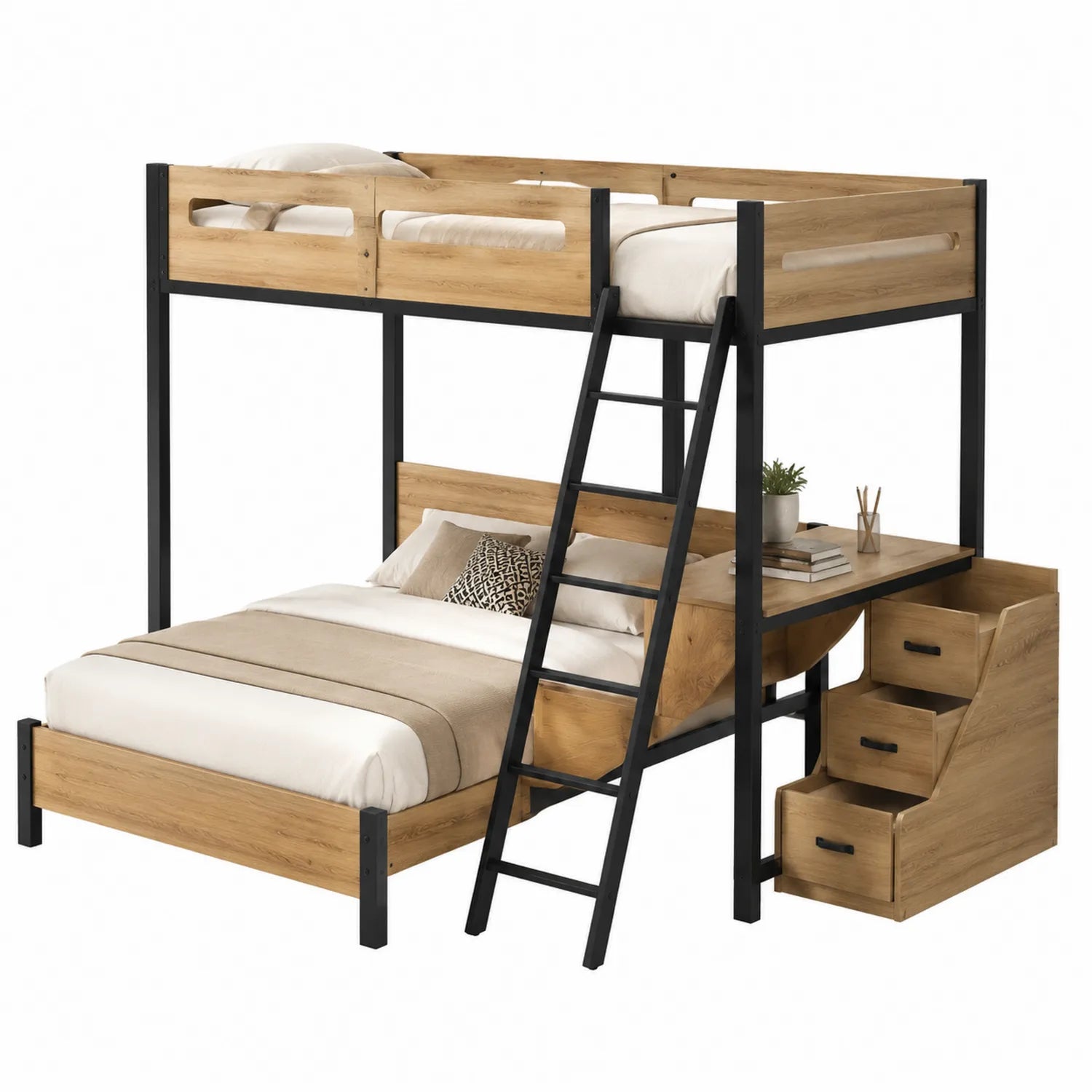 Metall- und Holzetagenbett mit Schreibtisch und Leiter 200x140/90cm Eiche/Schwarz