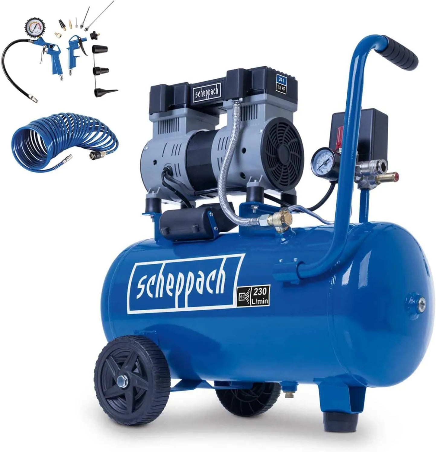 Scheppach Druckluftkompressor, 1100 W, geräuscharm, für Werkstatt, Garage und Druckluftarbeiten