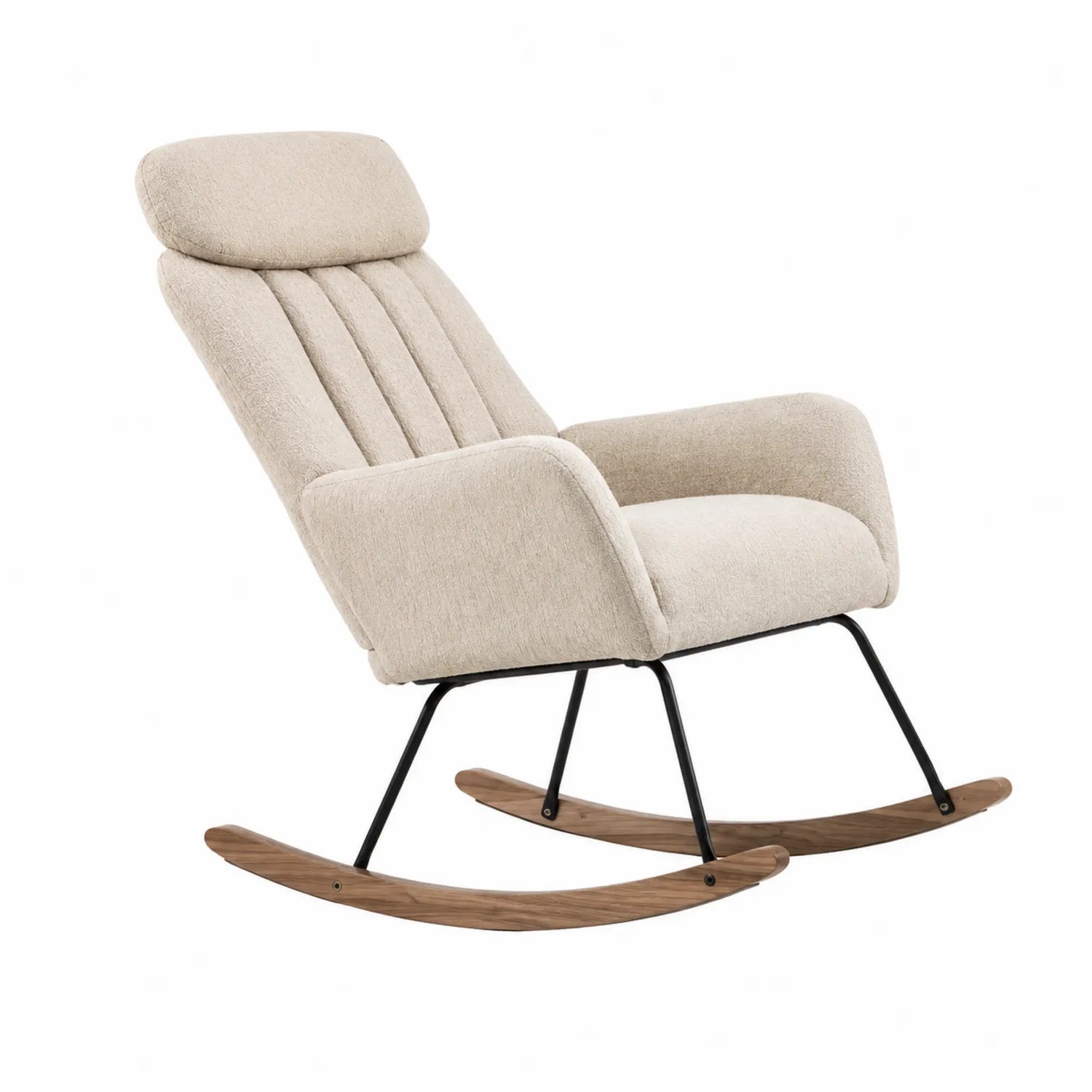 Schaukelstuhl aus Stoff mit Holzbeinen und Metallrahmen in Beige