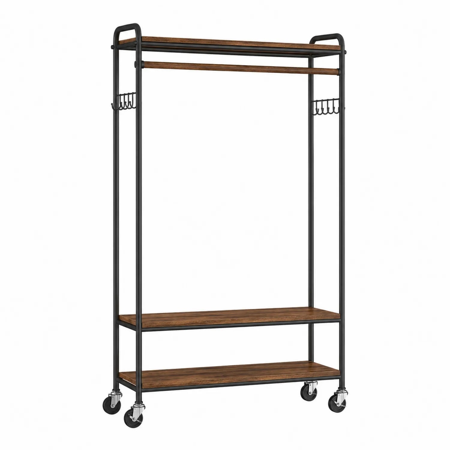 Metall-Kleiderständer mit MDF-Holzregalen und Rollen