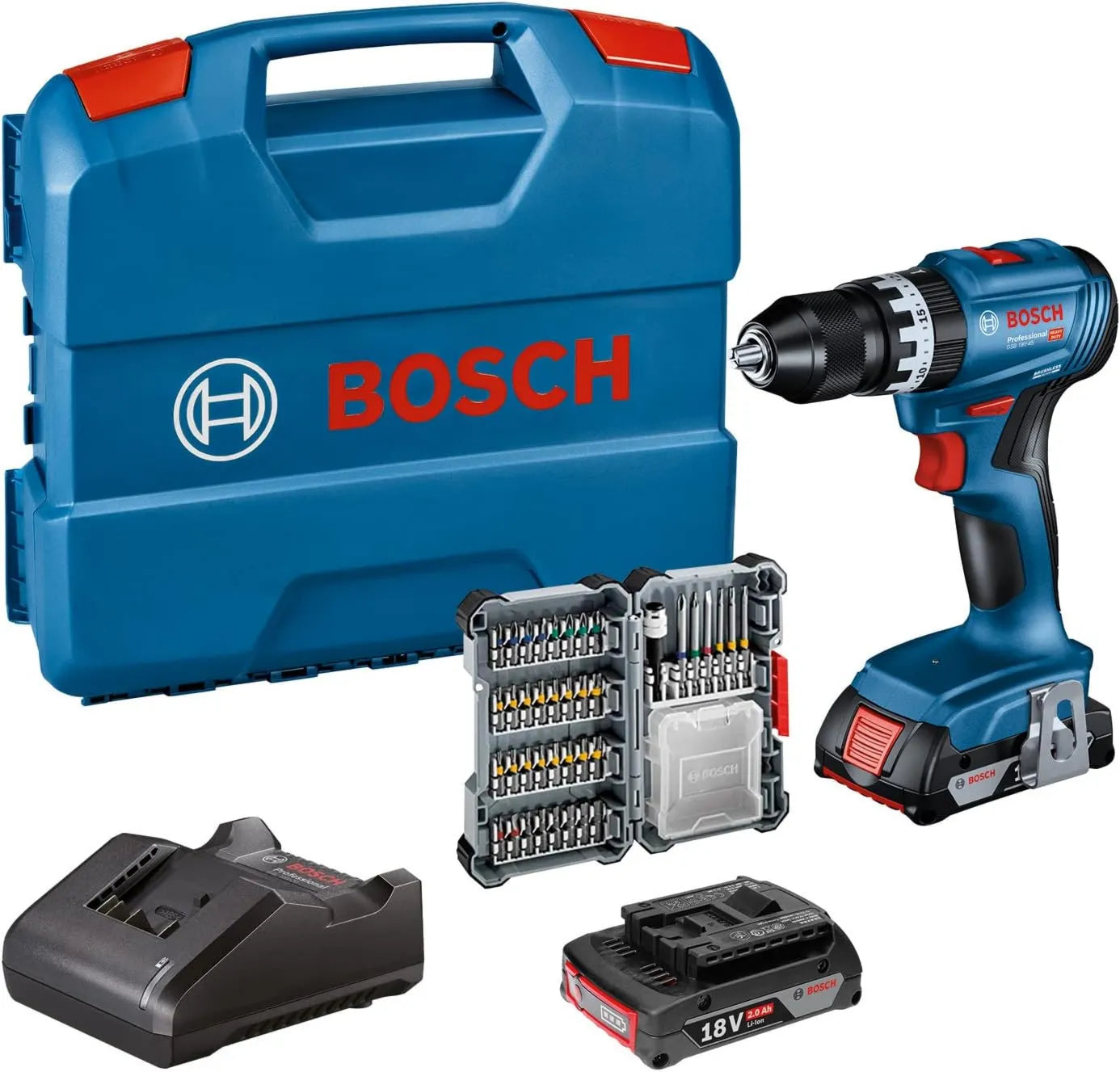Bosch Akku-Bohrschrauber, 18 V, 2.0 Ah, 2x 2, Akku-Betrieb, für Montage und Werkstatt