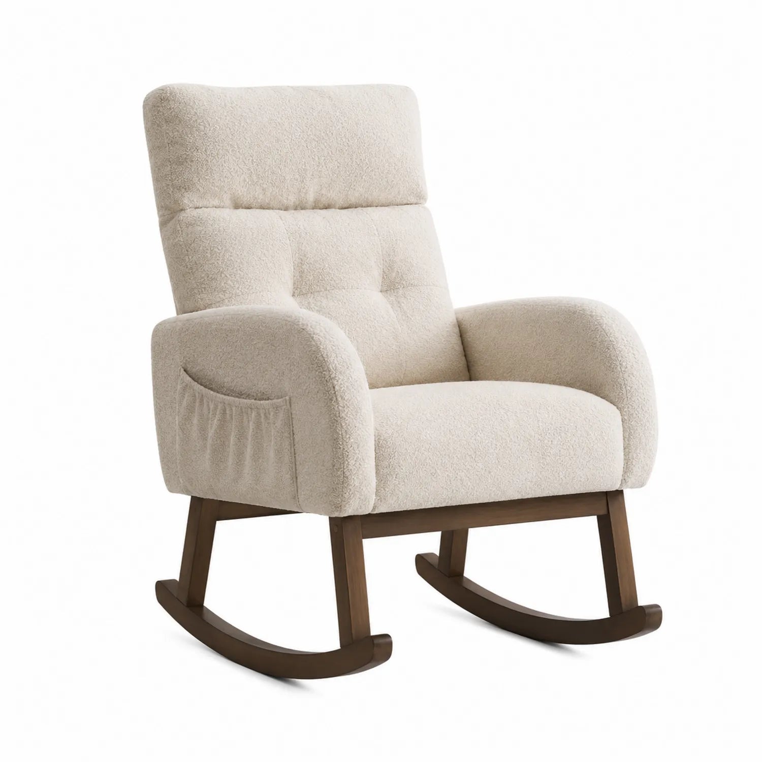 Schaukelstuhl aus Holz und Bouclé Creme