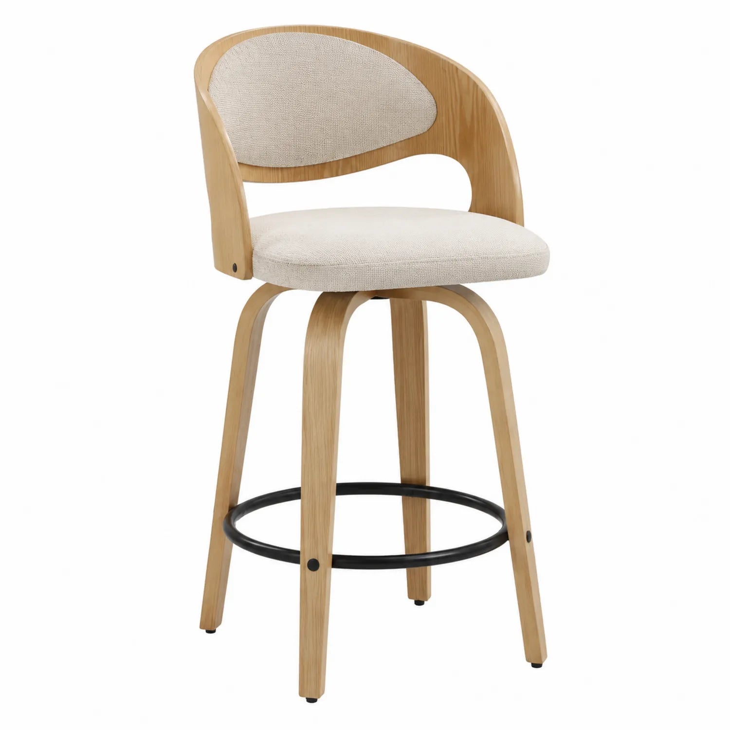 Barhocker aus Eichenholz mit Stoffpolsterung, Beige