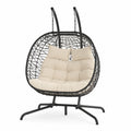 Doppelter Hängesessel aus Rattan mit Stahlrahmen und Kissen in Schwarz/Beige