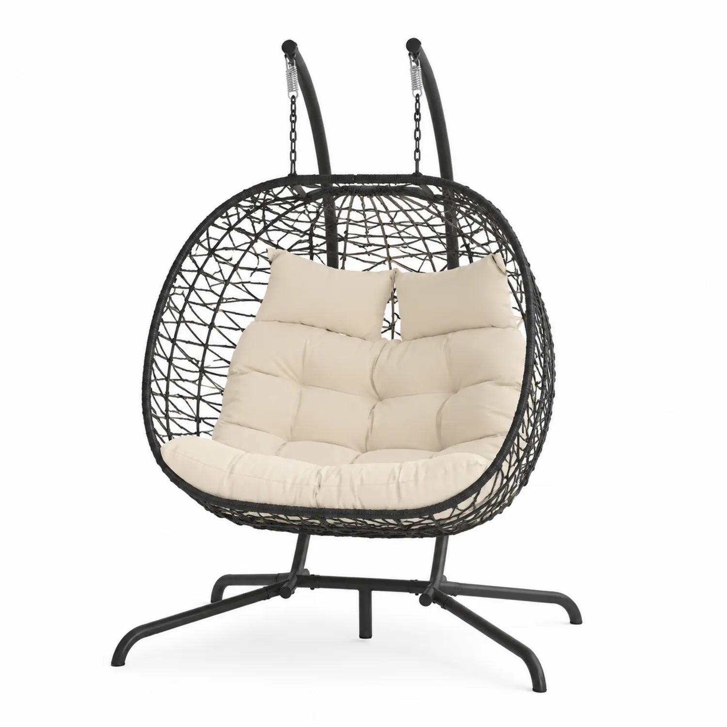 Doppelter Hängesessel aus Rattan mit Stahlrahmen und Kissen in Schwarz/Beige