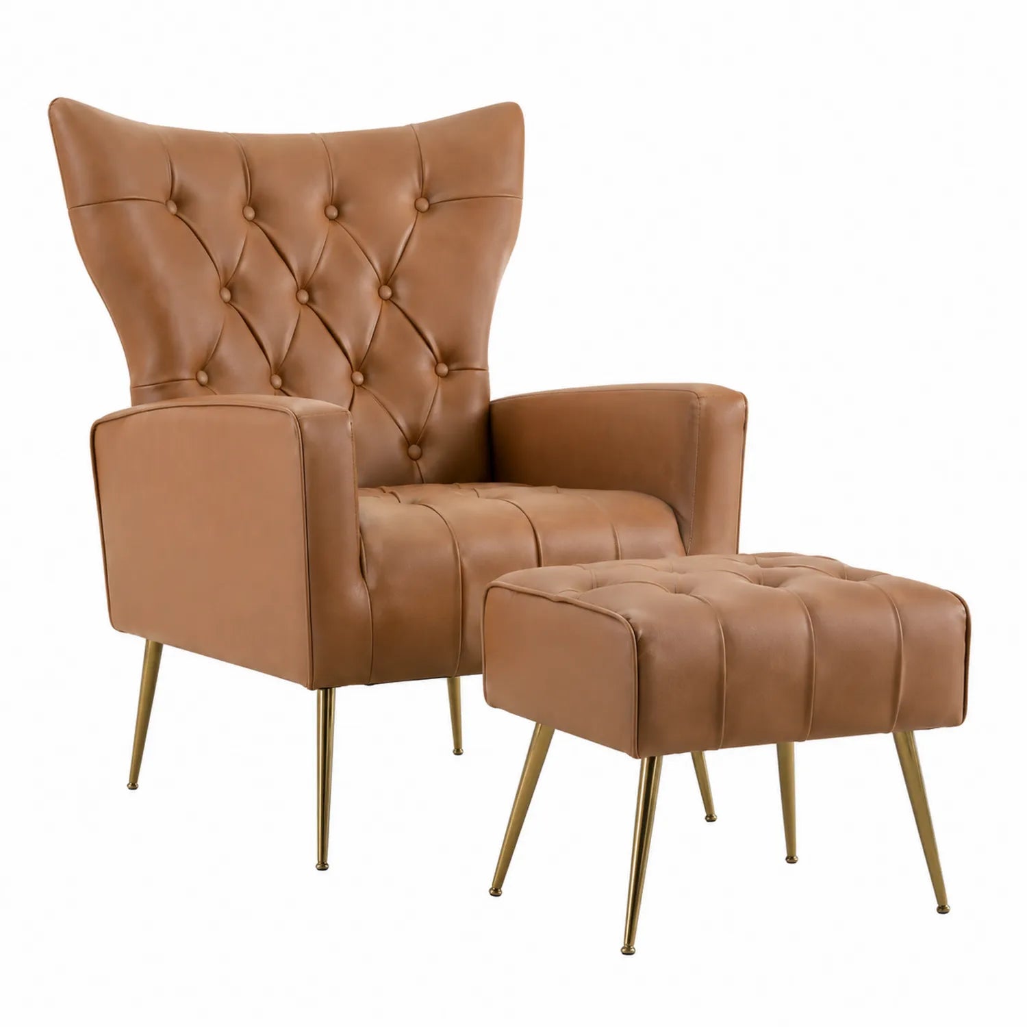 Ledersessel mit Hocker und Metallbeinen in Braun