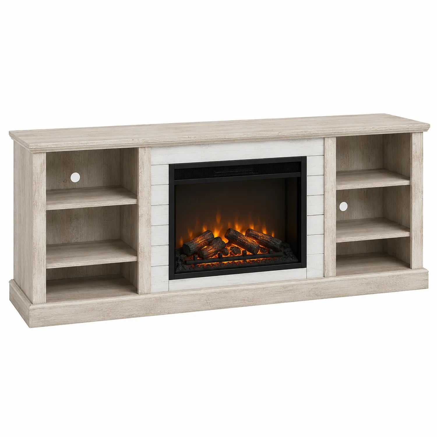 TV-Möbel mit Elektrokamin aus MDF und gehärtetem Glas in Eiche Weiß 150x50x40 cm