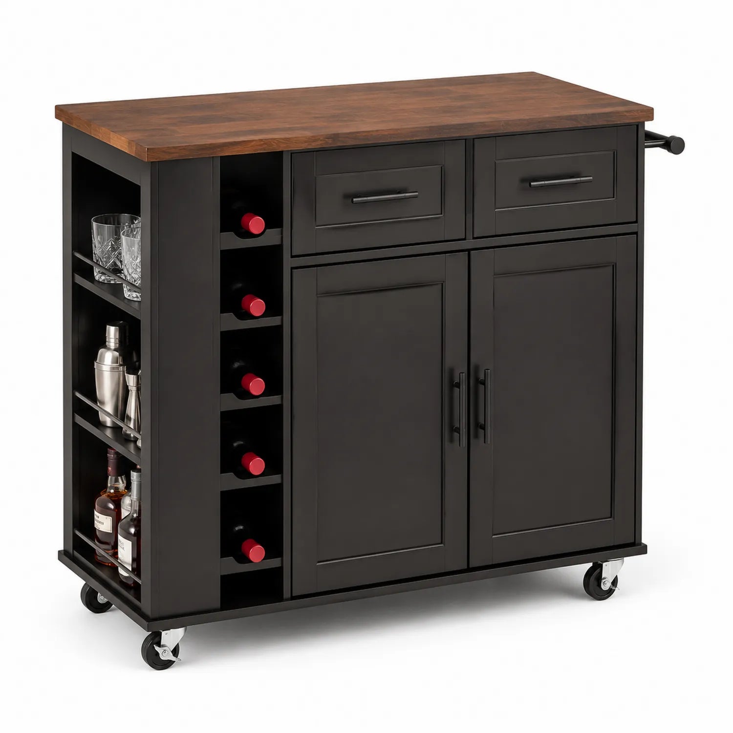 Servierwagen mit Holzplatte und Weinregal Schwarz 91x46x92 cm
