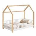 Kinderhausbett aus Kiefernholz Weiß und Naturholz 200x90 cm