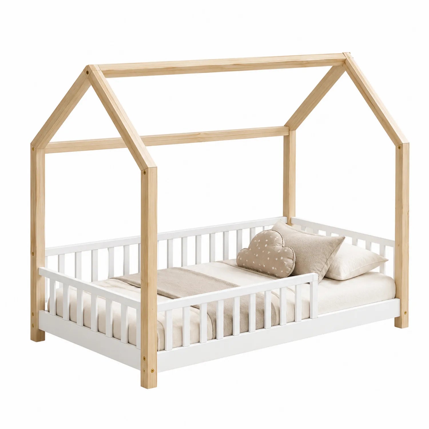 Kinderhausbett aus Kiefernholz Weiß und Naturholz 200x90 cm