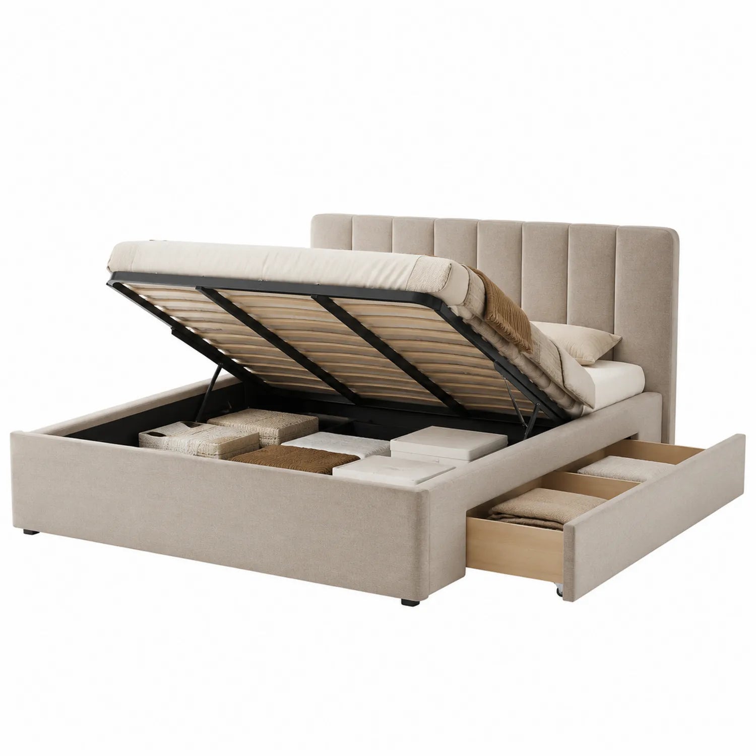 Beiges Bett mit Hebemechanismus und Stauraum Stoff 200x160 cm